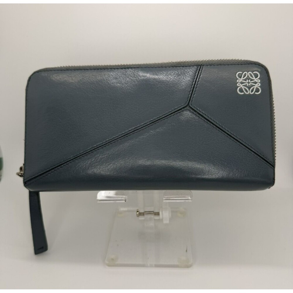 Authentic LOEWE Puzzle Anagram Leather Zip Around Long Wallet Blue/117